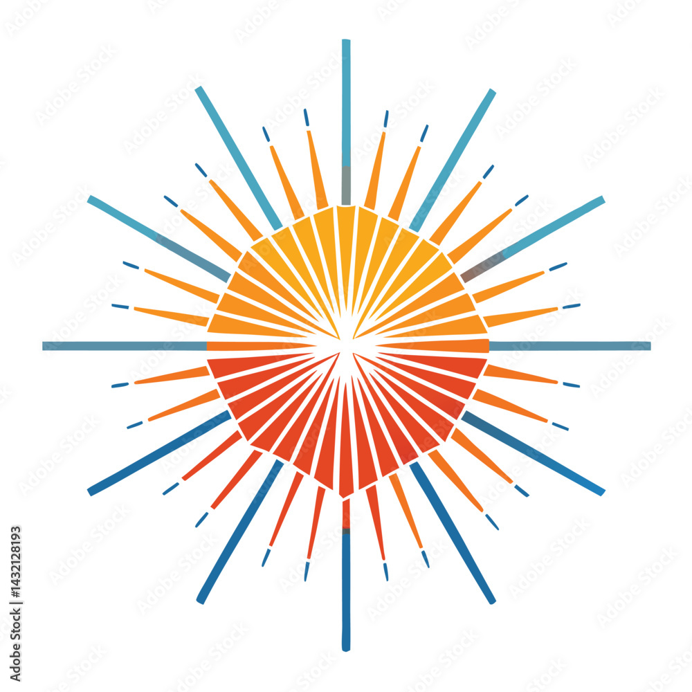 Poster stylized vector illustration of a radiant geometric design featuring a diamond shape surrounded by r