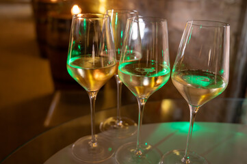 Visit of wine cellar, tasting of brut champagne sparkling wine produced by traditional method in underground caves close up