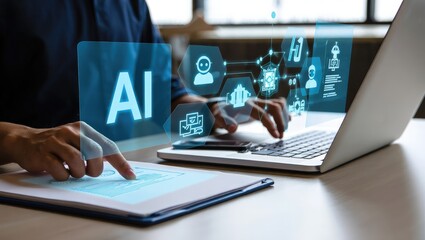 AI Artificial Intelligence technology for data analysis, research, planning, and work generate. Man uses a laptop and AI assistant dashboard. Technology smart robot AI agents and agentic workflows.