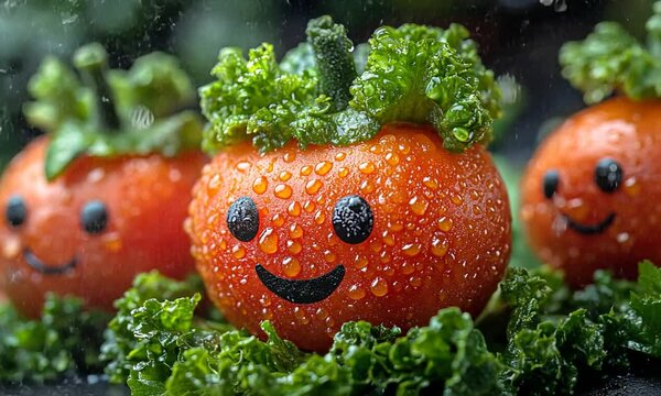 Playful vegetable characters resembling tomatoes with lettuce hats, glistening with water droplets
