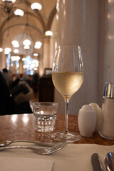Lifestyle of beautiful Vienna, glass of cold white dry Austrian wine served in old Viennese-style cafe in Vienna, Austria