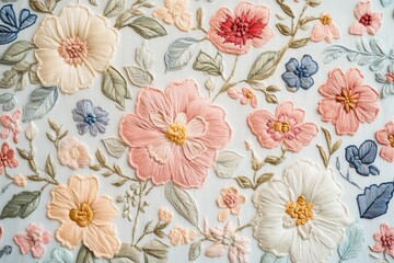 Intricate embroidered floral design on light fabric.