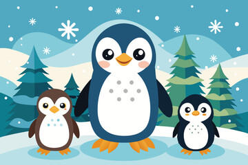 Cute vector illustration featuring three playful penguins in a snowy landscape with trees, snowflakes, and a wintery background