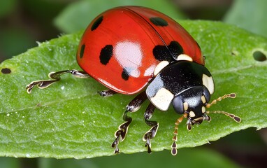 Naklejka premium Stunning Closeup of Ladybug on Green Leaf Detailed Macro Photography