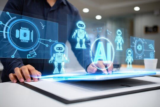 AI Artificial Intelligence technology for data analysis, research, planning, and work generate. Man uses a laptop and AI assistant dashboard. Technology smart robot AI agents and agentic workflows.