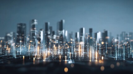 Fototapeta premium Digital Holograms Over City Skyline with Business Theme Concept