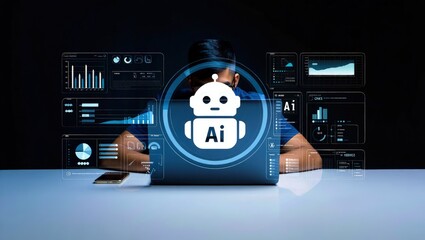AI Artificial Intelligence technology for data analysis, research, planning, and work generate. Man uses a laptop and AI assistant dashboard. Technology smart robot AI agents and agentic workflows.
