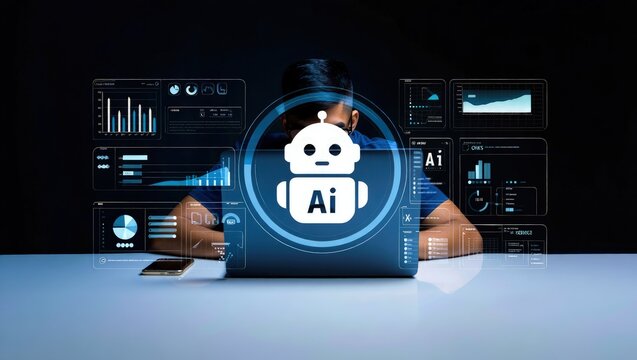 AI Artificial Intelligence technology for data analysis, research, planning, and work generate. Man uses a laptop and AI assistant dashboard. Technology smart robot AI agents and agentic workflows.