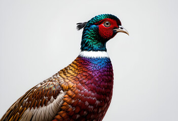 Vibrant Male Ring-Necked Pheasant Isolated on White for Wildlife and Bird Concepts: Colorful Plumage of a Wild Fowl Imagery: Pheasant, Ring-Necked, Male, Isolated, White, Bird, Wildlife, Nature, Color