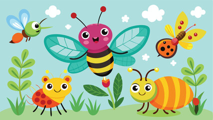 Colorful vector illustration of cheerful insects in a vibrant garden filled with flowers, showcasing a friendly bee, ladybug, and playful butterflies