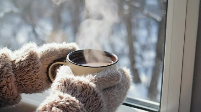 Warm beverage held in gloved hands, steam rising, with a snowy winter scene visible through a window in the background.