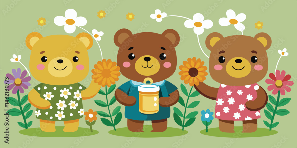 Poster Charming vector illustration of three playful bears in a colorful garden enjoying nature and honey during a bright sunny day