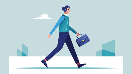 Business professional walking in a modern city landscape with a briefcase and colorful plants under a bright sky during daytime