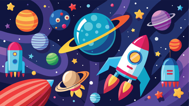 Colorful vector illustration of rockets and planets in outer space showcasing exploration and adventure among celestial bodies
