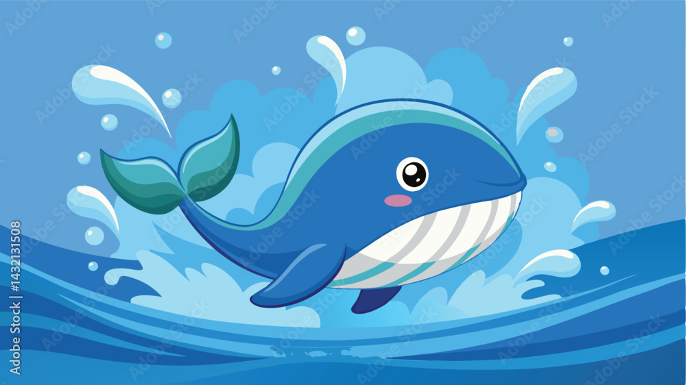 Poster vector illustration of a cheerful blue whale swimming playfully in ocean waves with splashes of wate