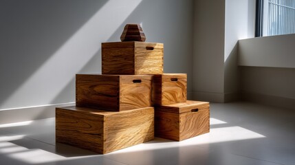 Light-Filled Room with Neutral Tones and Wooden Storage Boxes