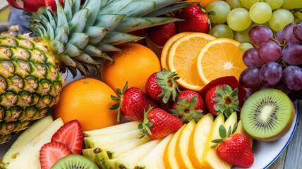 Assorted Tropical Fruits Display with Pineapple, Strawberries, Grapes and Oranges