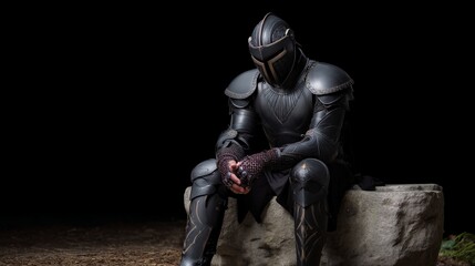 Fototapeta premium Moody Armored Figure Seated on Throne in Darkness and Gloom
