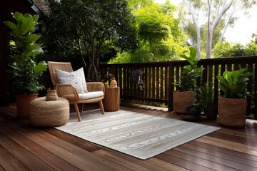 Outdoor Rug with Subtle Earth Tone Patterns on Wooden Deck