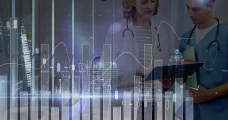 Healthcare team analyzing tablet in hospital corridor, with bar charts and candlestick overlays - Powered by Adobe