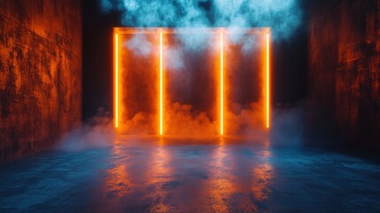 Naklejka premium A studio scene, dark empty stage with glowing orange walls, neon light beams, and soft smoke over a rugged concrete floor