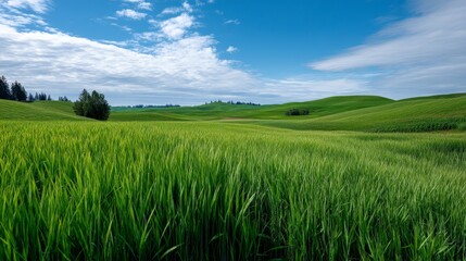 Rolling Hills of Vast Green Farmland with Lush Crops and Sky