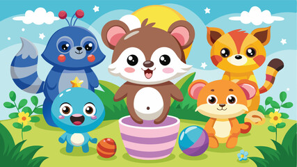 Naklejka premium Vector illustration of cheerful cartoon animals in a vibrant garden setting, perfect for children's books or educational materials featuring friendly wildlife in a playful atmosphere