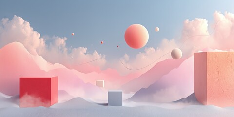 Serene minimal 3D landscape with pastel-colored geometric shapes floating amidst soft clouds and rolling hills