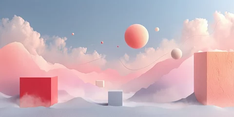 Selbstklebende Fototapeten Serene minimal 3D landscape with pastel-colored geometric shapes floating amidst soft clouds and rolling hills © Orod