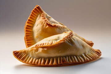 Two Golden Fried Empanadas Isolated on White for Savory Pastry Concepts: Flaky Latin American Appetizers Imagery: Empanada, Fried, Isolated, White, Savory, Pastry, Latin, American, Appetizer, Golden.