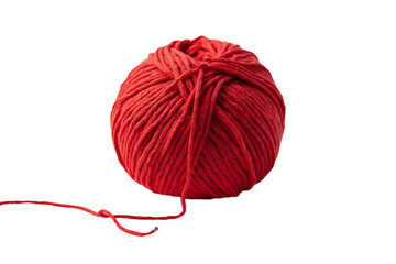 A ball of red yarn sits on a transparent background, a single strand extending to the lower left.