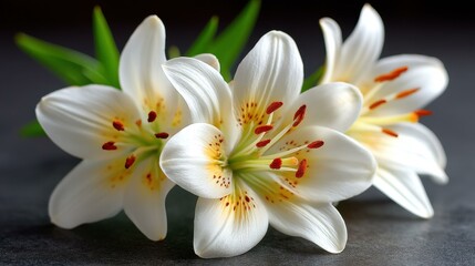 Fototapeta premium A serene branch of white lilies against a dark stone backdrop, perfect for a heartfelt condolence message.