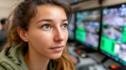 Naklejka premium Military officer oversees the city from the Cyber Command Center, ensuring safety and security through advanced monitoring.