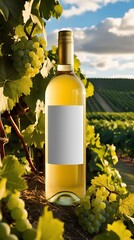 Fototapeta premium Elegant white wine bottle with blank label placed among vineyard grapes and leaves under blue skies, ideal for branding, wine marketing, product mockups, or vineyard lifestyle concepts