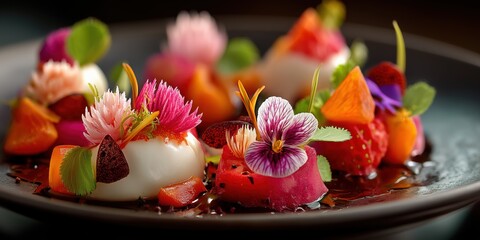 Food dish featuring a delicate combination of colorful edible flowers, fruits, and textures in a dark, moody setting.