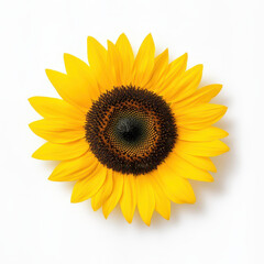 Fototapeta premium A bright sunflower stands out against a clean white background, highlighting its vibrant yellow petals and unique shape.
