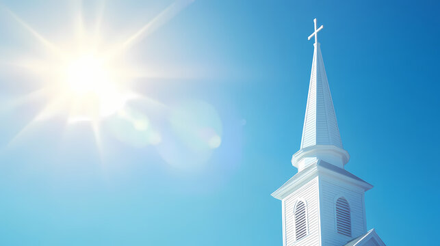 White church spire against a clear blue sky with sun shining brightly. Darklight Spire. Illustration