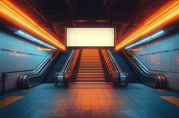 Dimly Lit Subway Station Mockup with Escalators and Blank Advertisement Space Highlighted by Vibrant Orange and Blue Lighting

