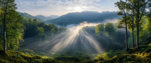 Sunlight streams through foggy forest, illuminating trees and hills. Majestic, serene nature scenery