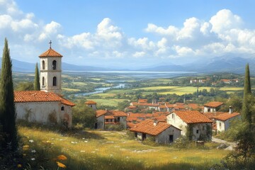 Fototapeta premium Charming Village with Red Roofs Nestled in a Lush Valley Surrounded by Rolling Hills and Dista