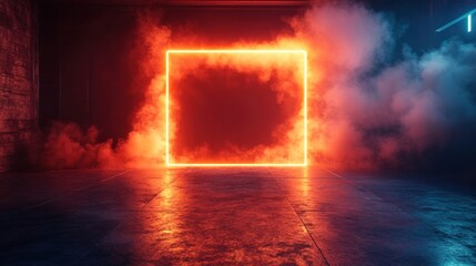 Fototapeta premium A dark empty stage with a neon-lit orange backdrop, rugged concrete flooring, and floating smoke in the studio