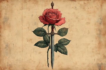 A red rose blooms atop a gleaming steel sword design