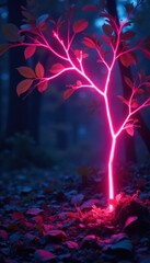 Fototapeta premium Arcing neon branches, ethereal glow, vibrant leaves, radiant, bioluminescent, organic