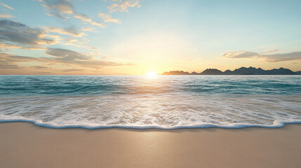 Fototapeta premium serene ocean shore with soft sunset light illuminating distant mountains