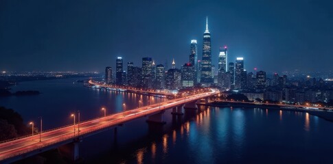 Modern city skyline at night, sharp architectural lines, dazzling lights , towers, nightlife, background