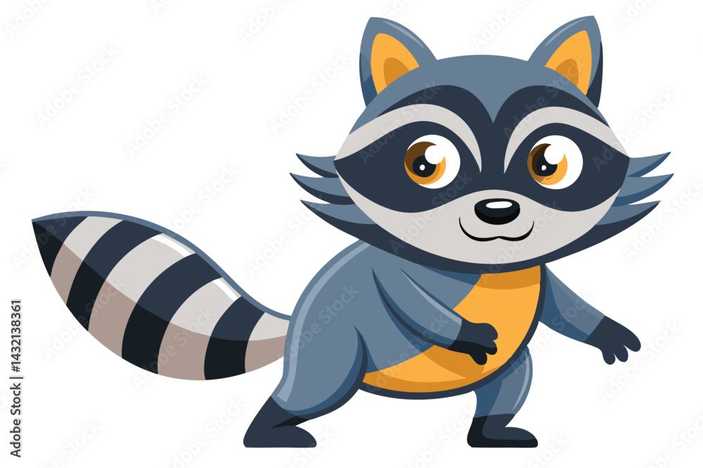 Poster cute blue raccoon character in a playful pose with a friendly expression ready to embark on an adven