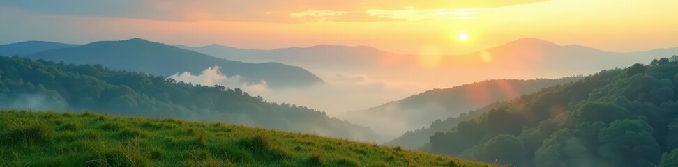 Obraz premium Rolling hills veiled in delicate mist, sunbeams pierce fog , light, adventure, idyllic