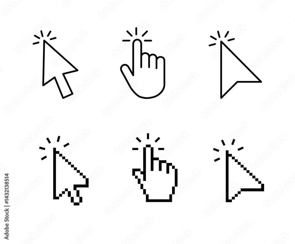 Poster computer mouse cursor icon set with arrows, hand pointers, click effects, and loading symbols. perfe