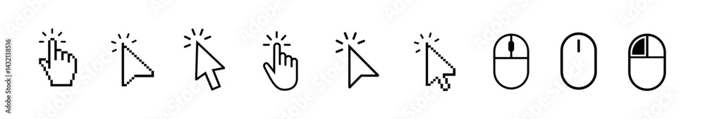 Poster computer mouse cursor icon set with arrows, hand pointers, click effects, and loading symbols. perfe