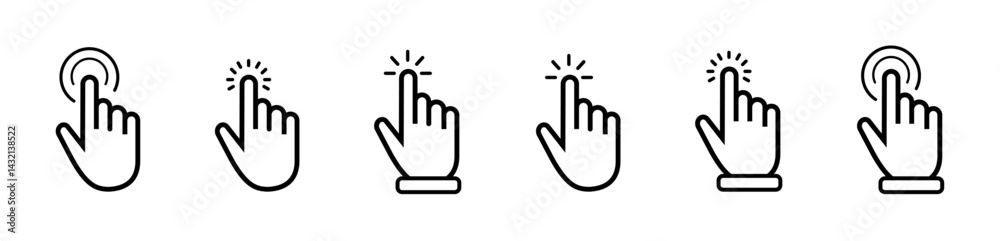 Poster computer mouse cursor icon set with arrows, hand pointers, click effects, and loading symbols. perfe